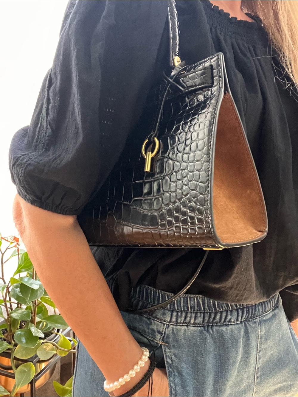 Tory Burch Lee Rodziwill Black Croc Embossed Leather Top Handle/Shoulder Bag - Picture 2 of 15